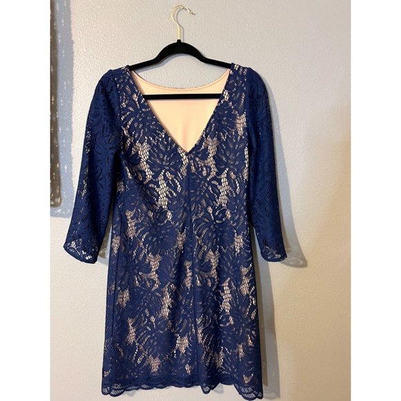 Lilly Pulitzer Dress S Small Blue Stretch 3/4 Sleeve Shift V Back Party Cruise - Picture 8 of 8
